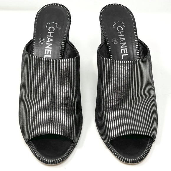 Chanel‎ Mules G33818 Laminated Calfskin Silver Black Striped CC Block Heel 40.5 - Picture 2 of 10